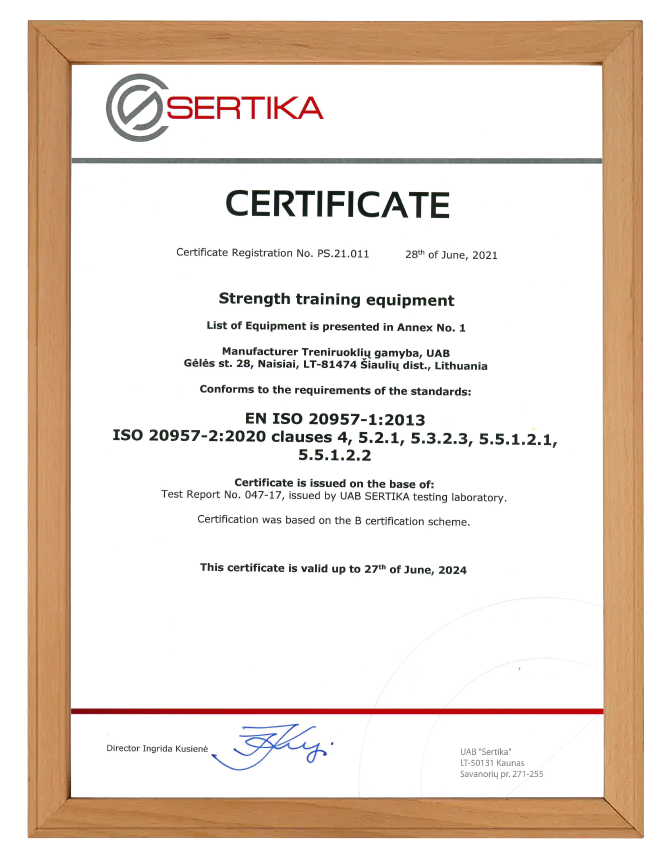 EN ISO 20957 certification document for Gym Factory strength training equipment