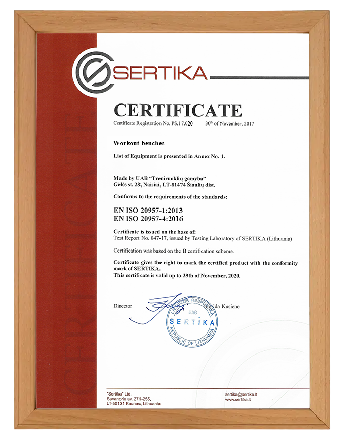 Gym Factory workout benches certified according to EN ISO 20957 standards