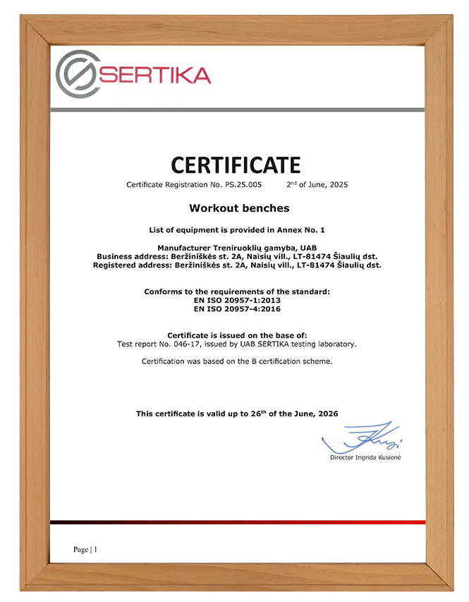 Gym Factory workout benches certified according to EN ISO 20957 safety standards