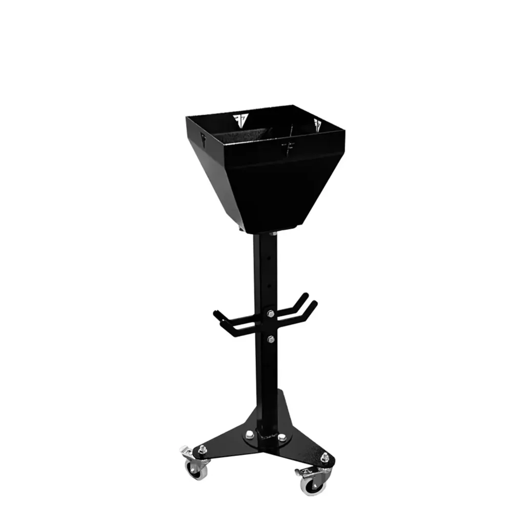 Premium magnesium chalk stand for gyms with stable steel frame, chalk bowl, accessory hooks and wheels for mobility