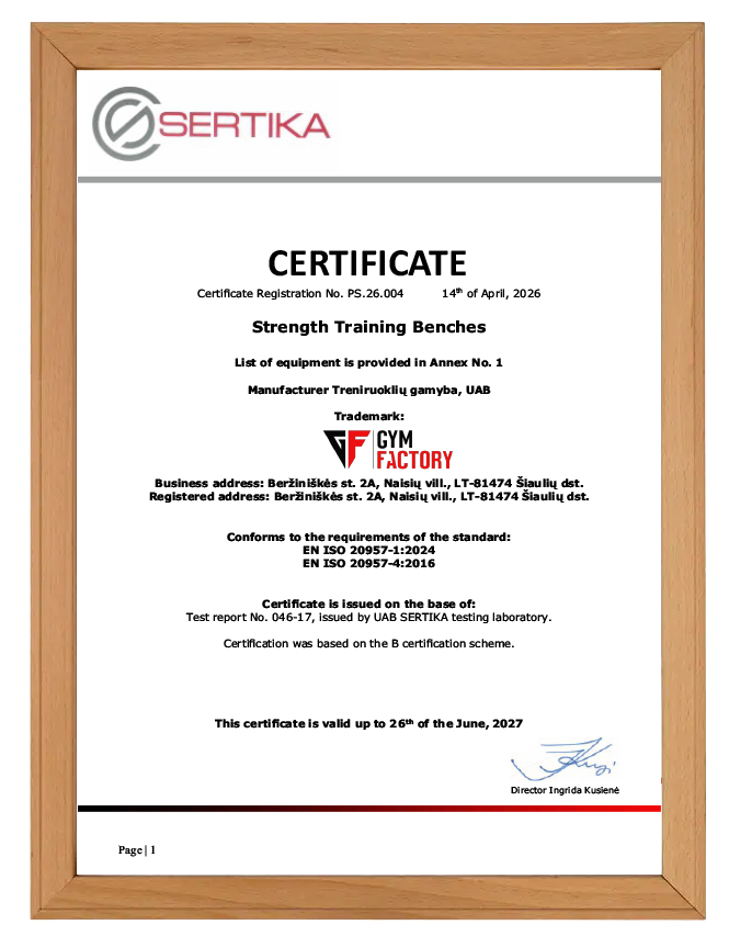 Gym Factory strength training benches certification EN ISO 20957