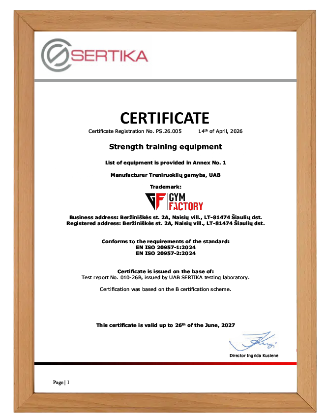 Gym Factory strength training equipment certification EN ISO 20957