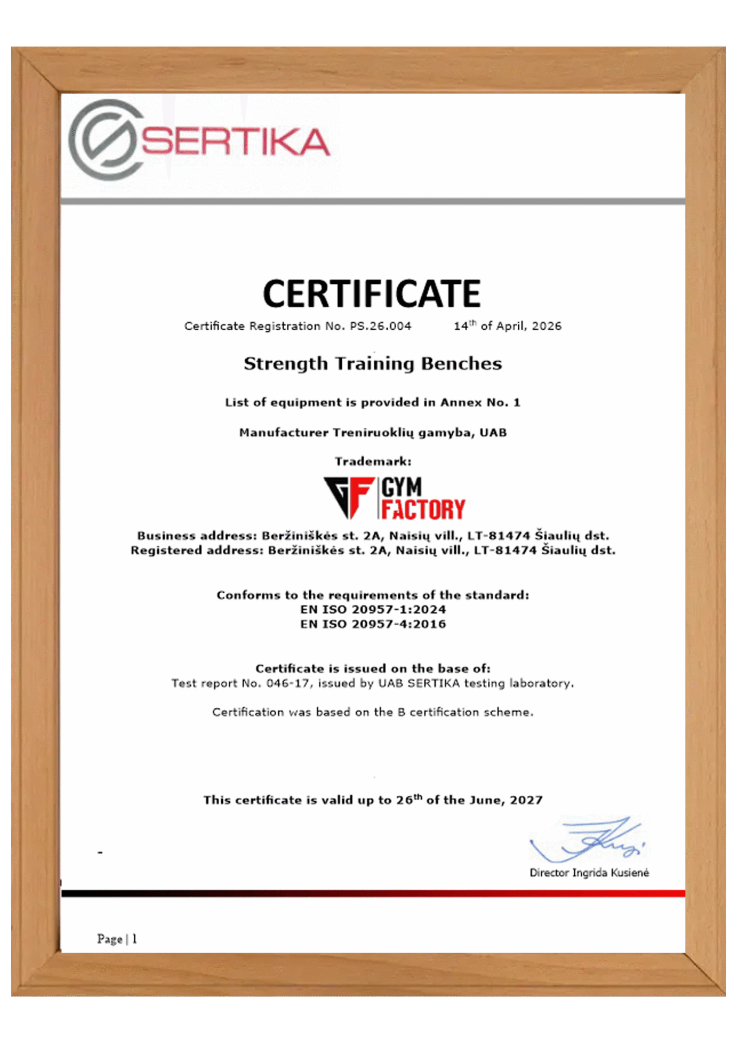 Gym Factory strength training benches certification EN ISO 20957