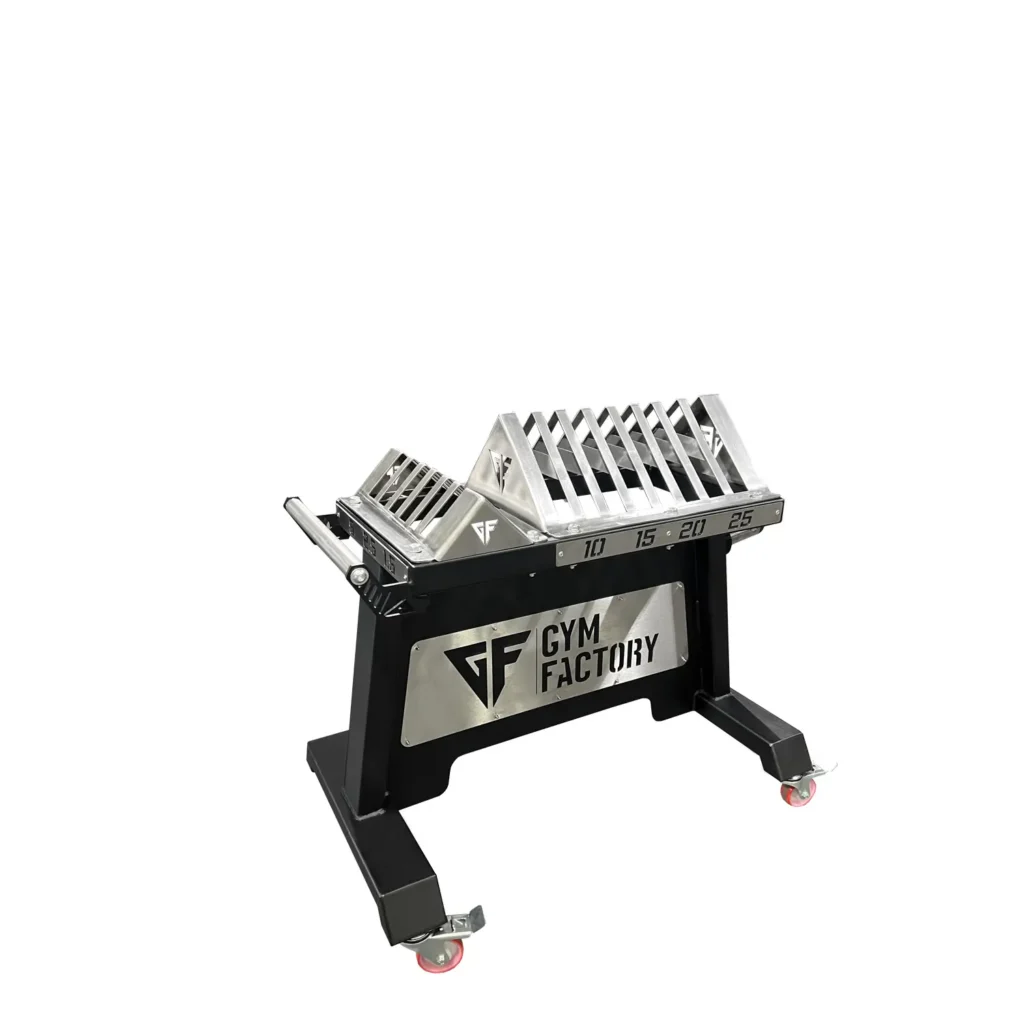 Z10D Pro Competition Plate Storage rack with a sturdy metal frame, multiple horizontal plate storage pegs, and a compact upright design for organizing competition weight plates.