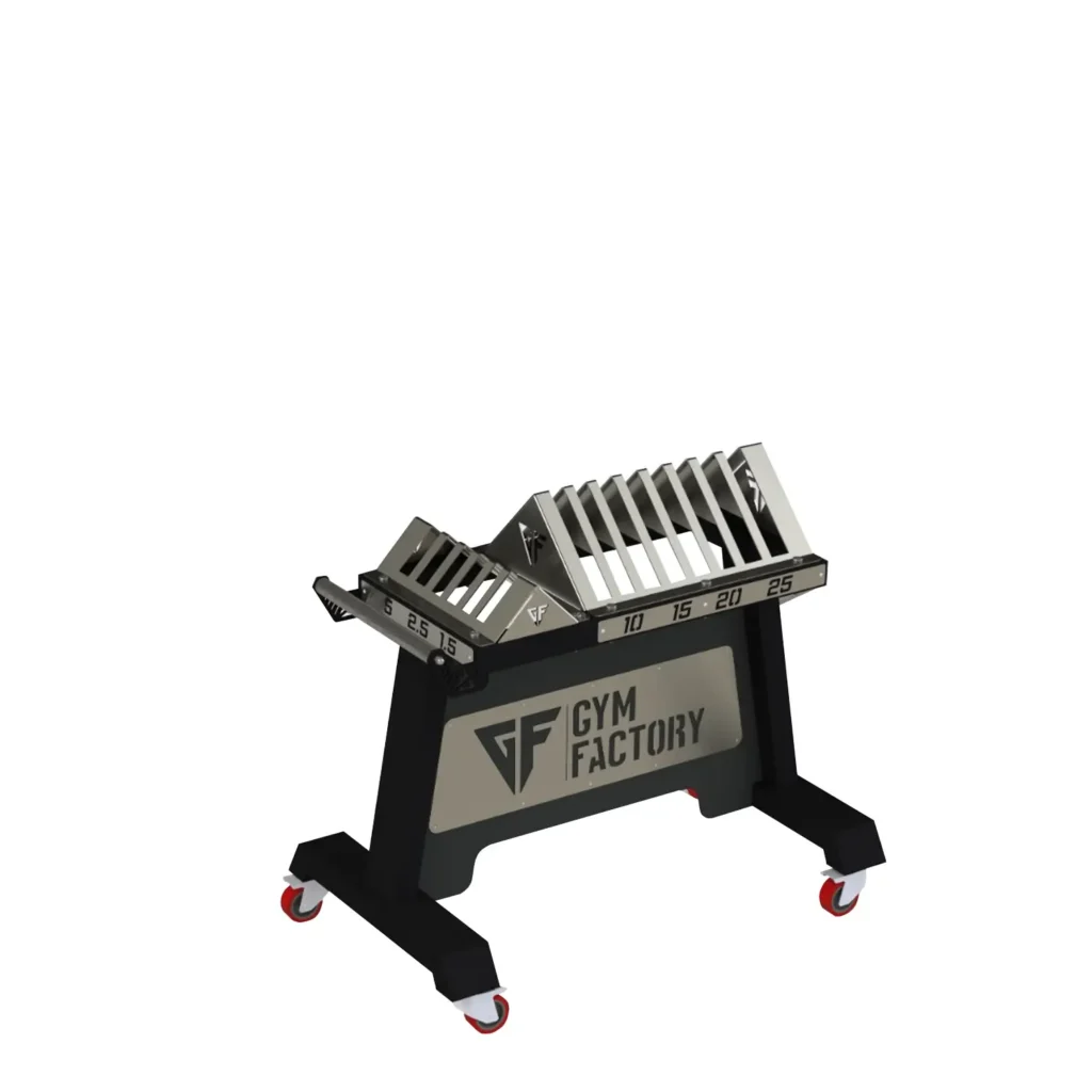 Black metal plate storage rack designed for competition-style weight plates.