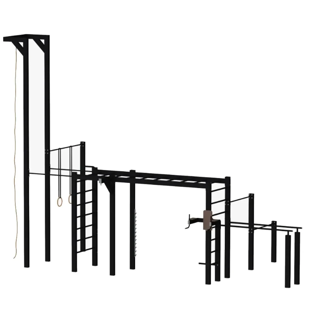 Outdoor calisthenics workout station installed in a public park with monkey bars, gymnastic rings, climbing ladder, and parallel bars.