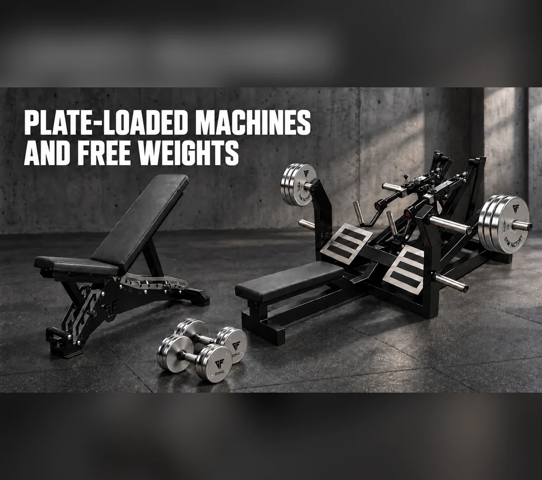Gym Factory L7XY seated row machine with chrome weight plates, J2 adjustable bench and chrome GF dumbbells in a gym.