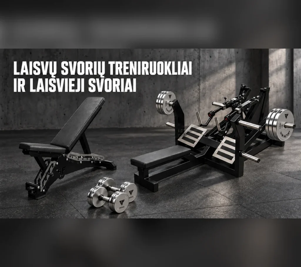 „Gym Factory“ L7XY horizontalios traukos treniruoklis su chromuotais diskais, J2 reguliuojamas suoliukas ir chromuoti GF hanteliai sporto salėje.