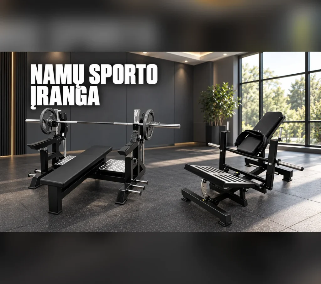 Top 10 svarbiausia fitneso įranga namų treniruotėms 2025 m.: štangos spaudimo suolas su stovu, išmanusis veidrodis ir girios