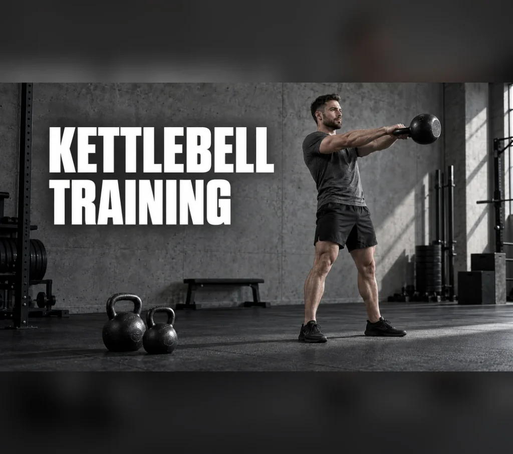 Close-up of hands gripping a kettlebell on a gym floor, symbolizing the start of a structured beginner kettlebell routine and commitment to full-body training.