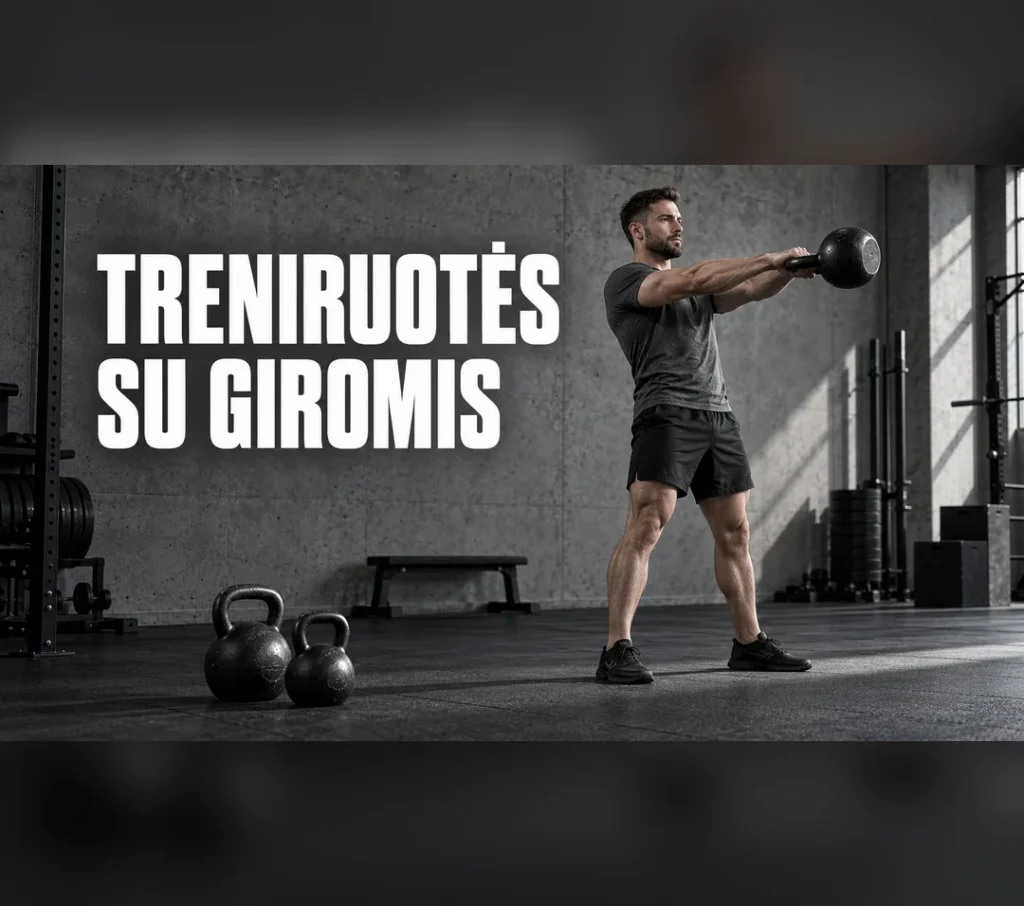 Close-up of hands gripping a kettlebell on a gym floor, symbolizing the start of a structured beginner kettlebell routine and commitment to full-body training.