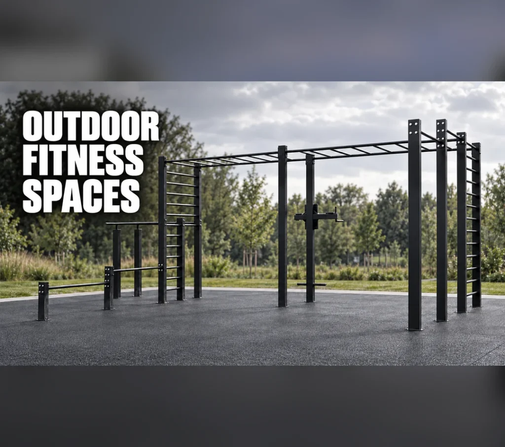 Labeled diagram of multifunctional outdoor fitness equipment including pull-up bars, climbing frames, parallel bars, and push-up bars—ideal for outdoor fitness parks.
