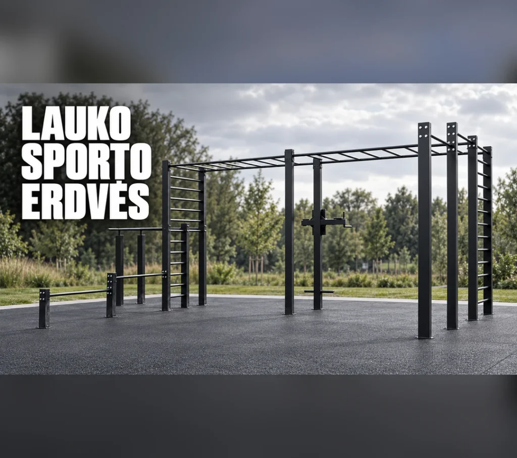 Labeled diagram of multifunctional outdoor fitness equipment including pull-up bars, climbing frames, parallel bars, and push-up bars—ideal for outdoor fitness parks.