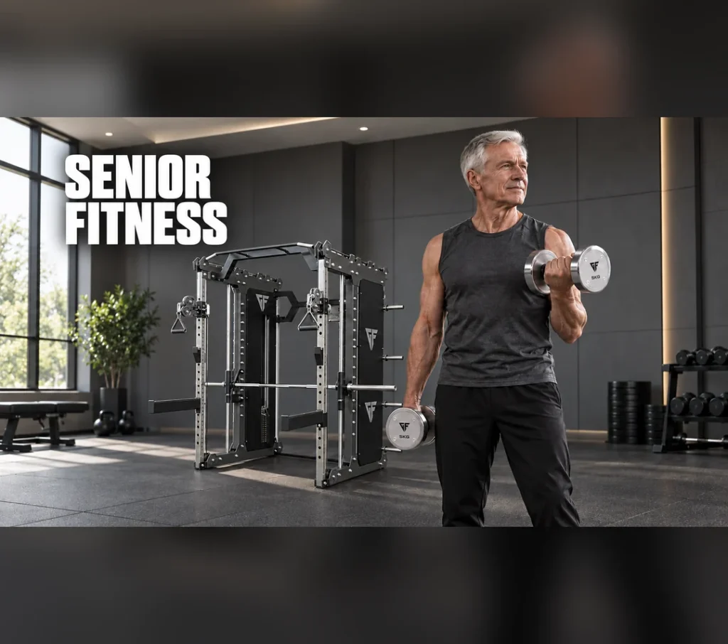 Older adult performing a dumbbell lift as part of a senior workout routine, emphasizing strength and healthy aging through elder exercise programs.