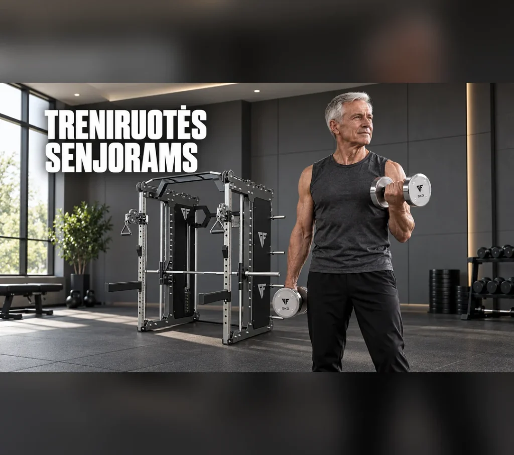 Older adult performing a dumbbell lift as part of a senior workout routine, emphasizing strength and healthy aging through elder exercise programs.