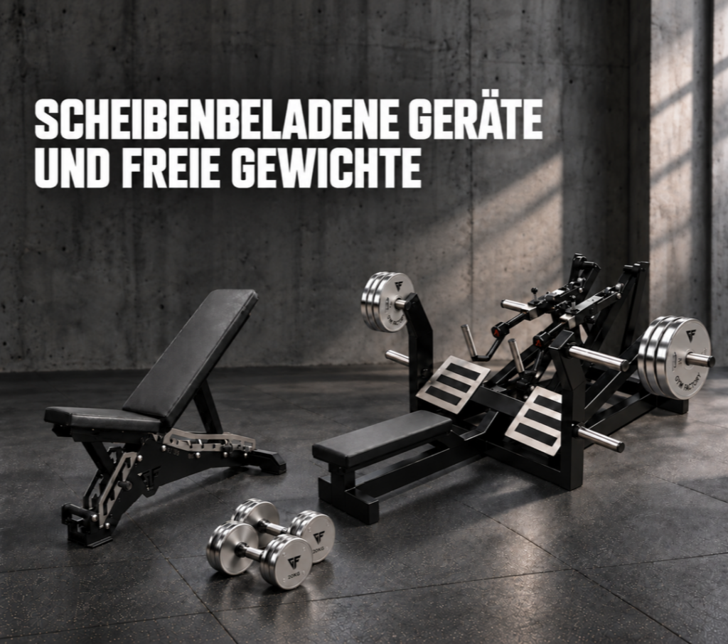 Gym Factory L7XY-Rudergerät mit verchromten Hantelscheiben, verstellbare J2-Bank und verchromte GF-Kurzhanteln in einem Fitnessstudio.