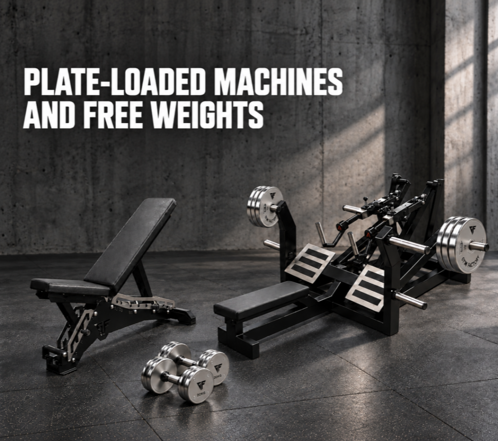 Gym Factory L7XY seated row machine with chrome weight plates, J2 adjustable bench and chrome GF dumbbells in a gym.