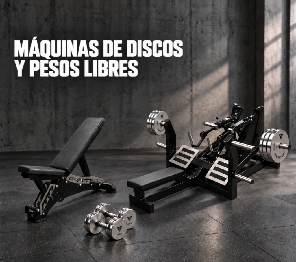 Máquina de remo sentado Gym Factory L7XY con discos cromados, banco ajustable J2 y mancuernas GF cromadas en un gimnasio.