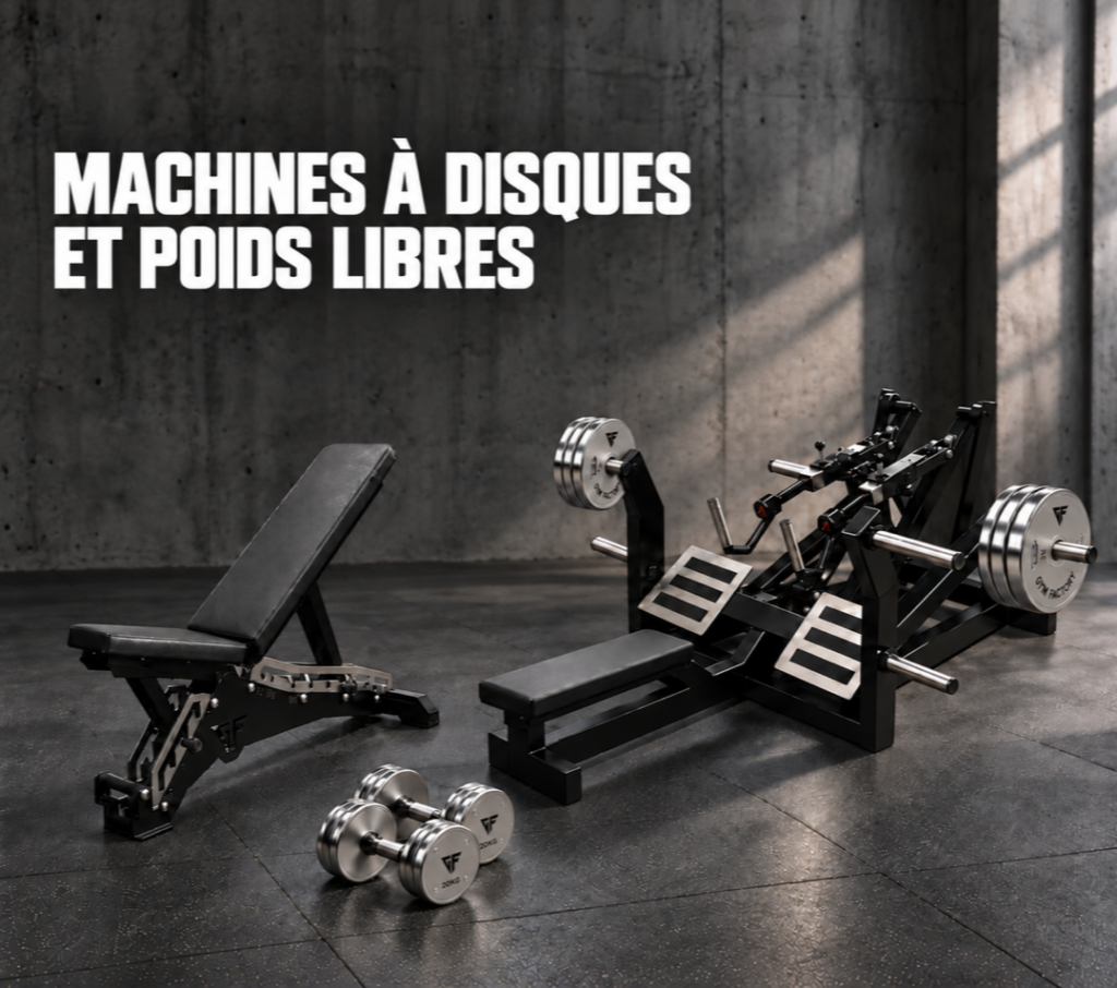 Machine de rowing assis Gym Factory L7XY avec disques chromés, banc réglable J2 et haltères GF chromés dans une salle de sport.