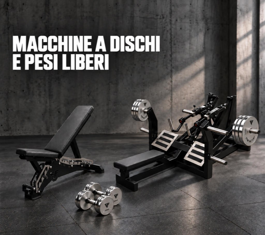 Macchina per rematore da seduti Gym Factory L7XY con dischi cromati, panca regolabile J2 e manubri GF cromati in una palestra.