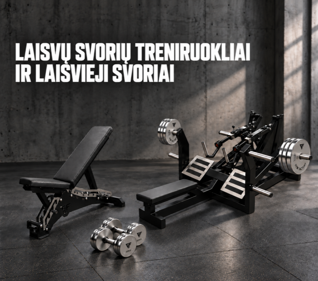 „Gym Factory“ L7XY horizontalios traukos treniruoklis su chromuotais diskais, J2 reguliuojamas suoliukas ir chromuoti GF hanteliai sporto salėje.